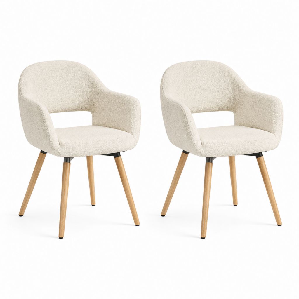 Set di 2 sedie da pranzo beige in poliestere bouclé con braccioli e gambe in legno massello 55 x 57 x 80 cm