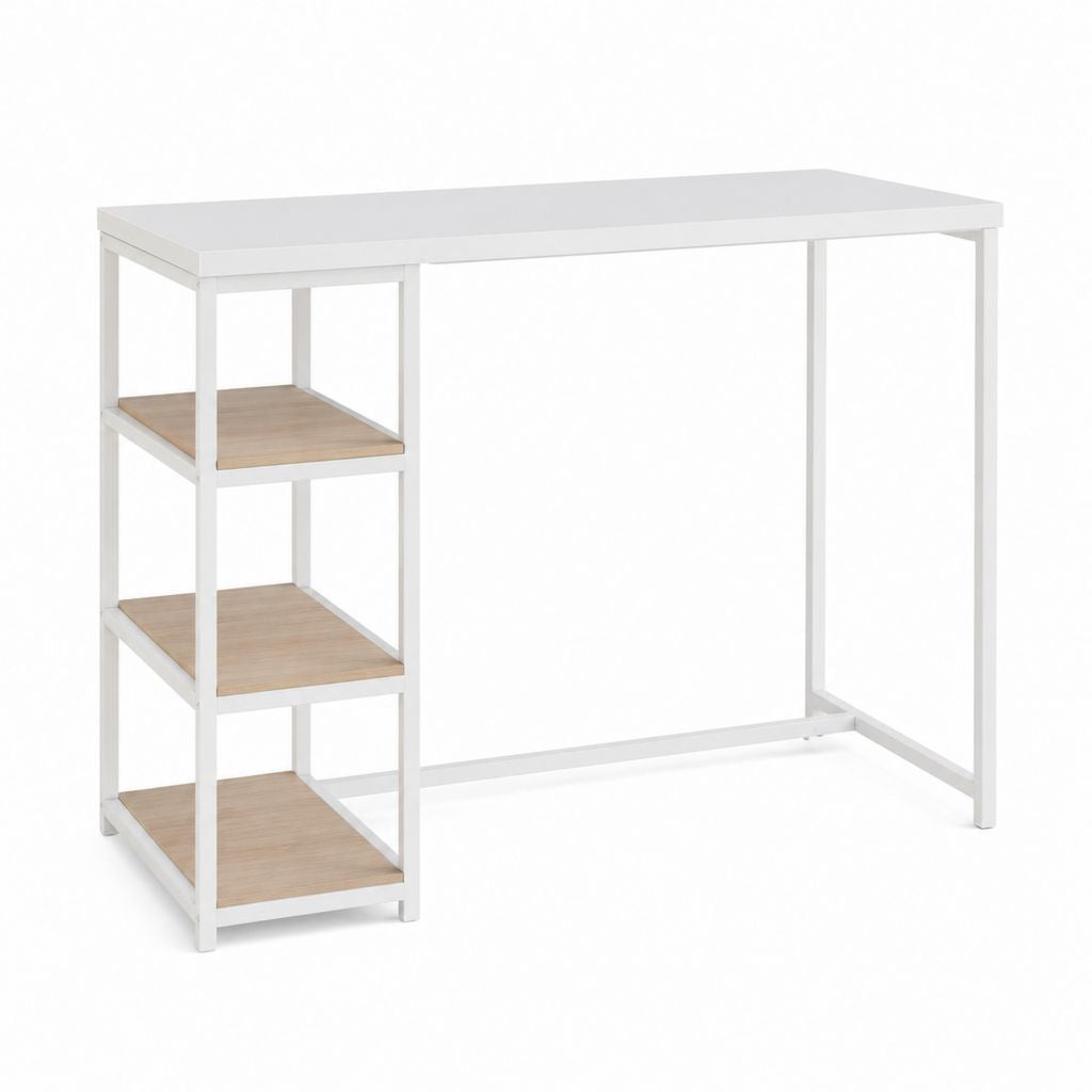 Tavolo rettangolare bianco con 3 ripiani effetto rovere in acciaio e pannelli MDF 100 x 50 x 75 cm
