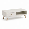 Tavolino da caffè rettangolare bianco in MDF con cassetto e vano a giorno 100 x 50 x 45 cm