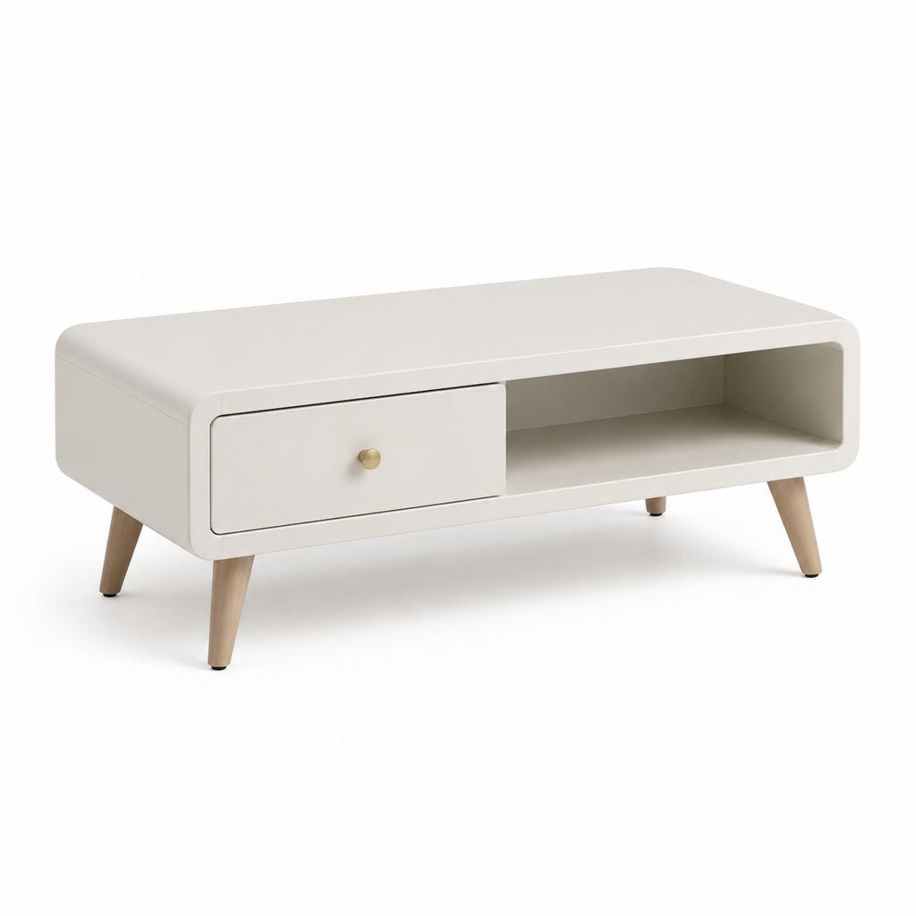 Tavolino da caffè rettangolare bianco in MDF con cassetto e vano a giorno 100 x 50 x 45 cm