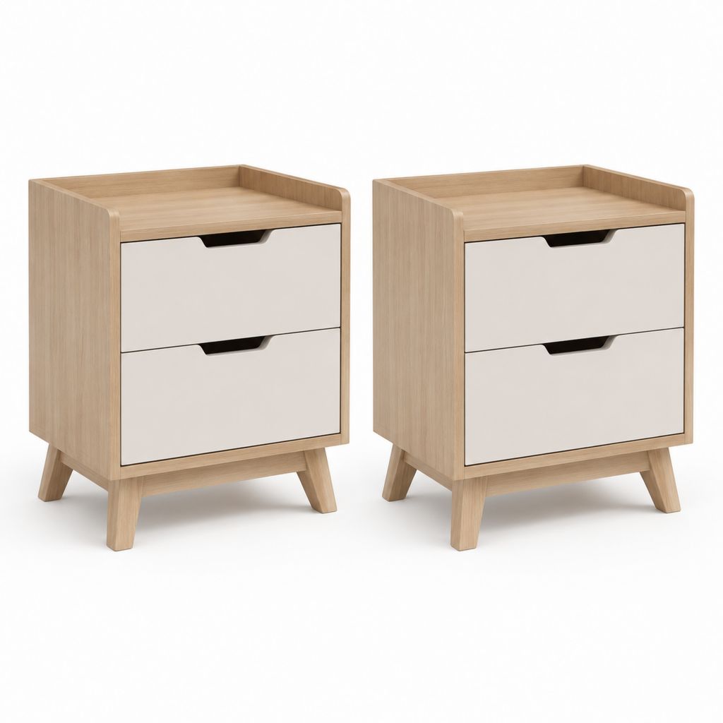 Set di 2 comodini rettangolari in truciolare rovere chiaro e bianco con 2 cassetti 40 x 35 x 60 cm