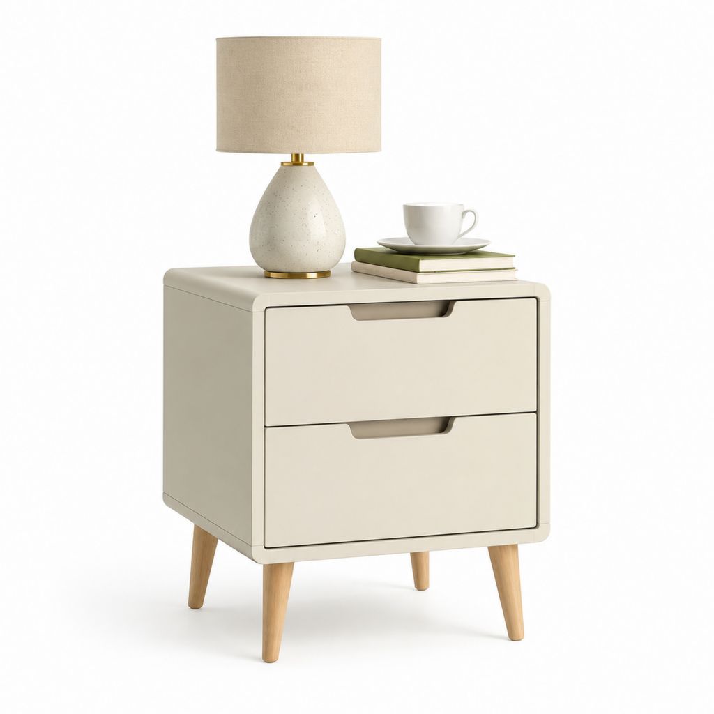 Comodino a 2 cassetti color crema in MDF e legno massello 45 x 35 x 60 cm