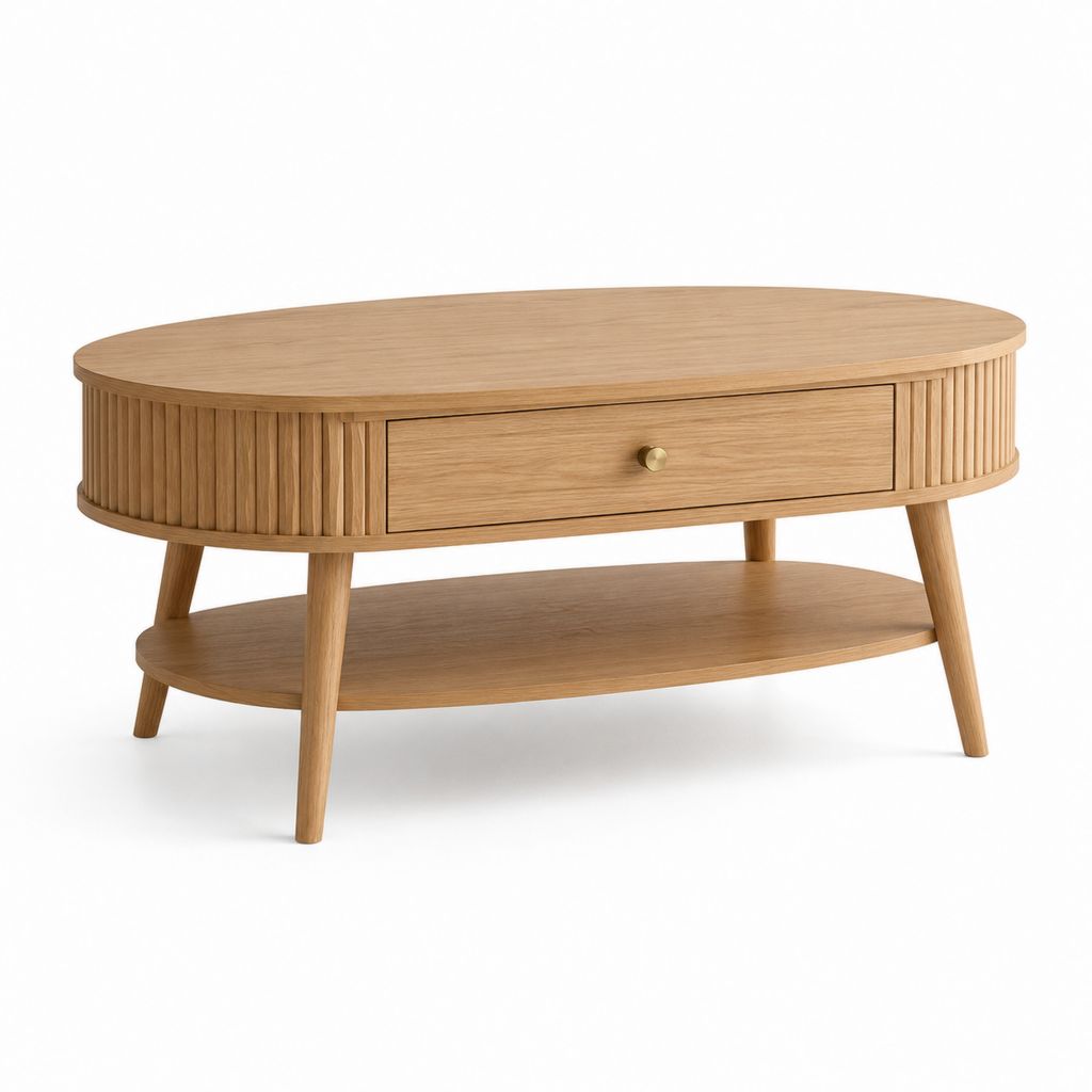 Tavolino da caffè ovale in MDF impiallacciato rovere 120 x 60 x 45 cm con cassetto e ripiano