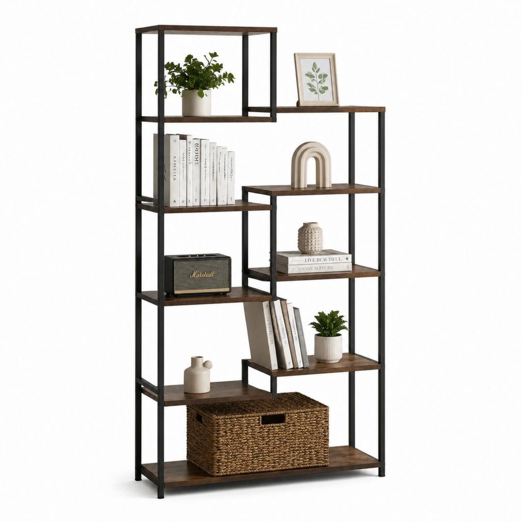 Libreria a 8 ripiani marrone scuro e nero in pannelli truciolari e acciaio 120 x 30 x 180 cm