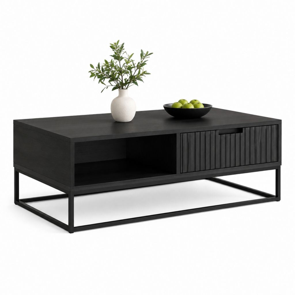 Tavolino da caffè rettangolare nero in MDF e acciaio 120 x 60 x 45 cm
