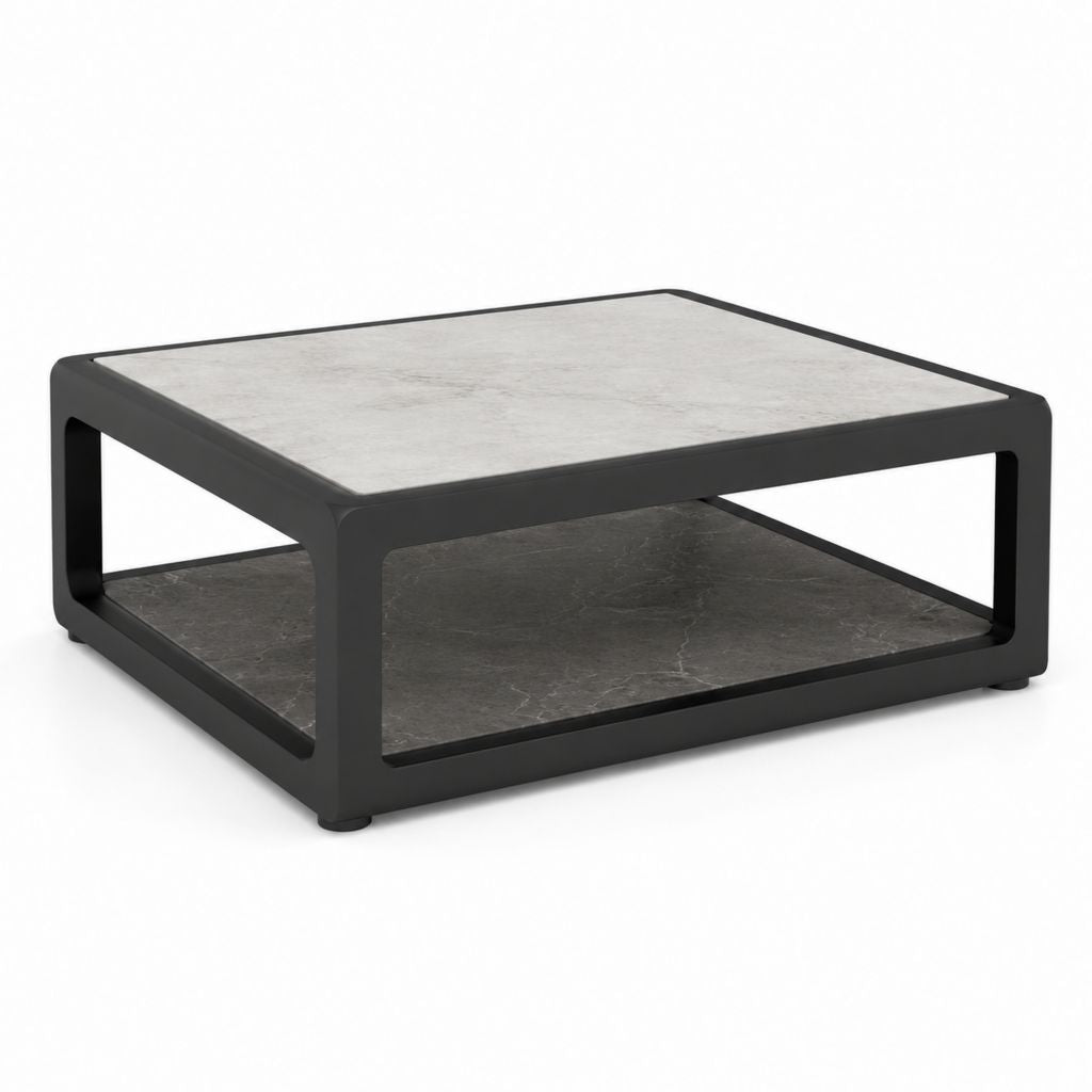 Tavolino da caffè quadrato nero in alluminio e vetro temperato effetto pietra 80 x 80 x 35 cm