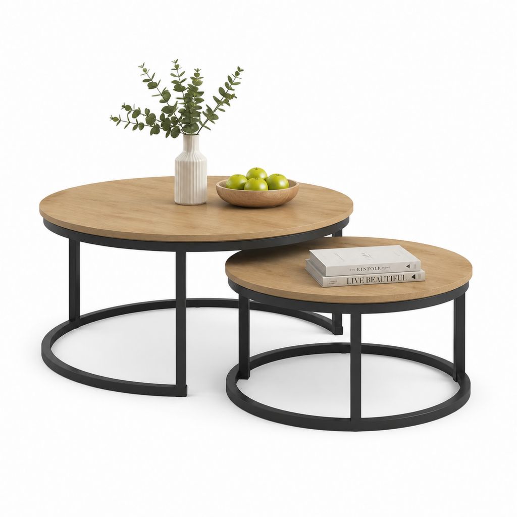 Set di 2 tavolini da caffè rotondi rovere e nero in MDF e acciaio diametro 80 x altezza 45 cm diametro 60 x altezza 35 cm