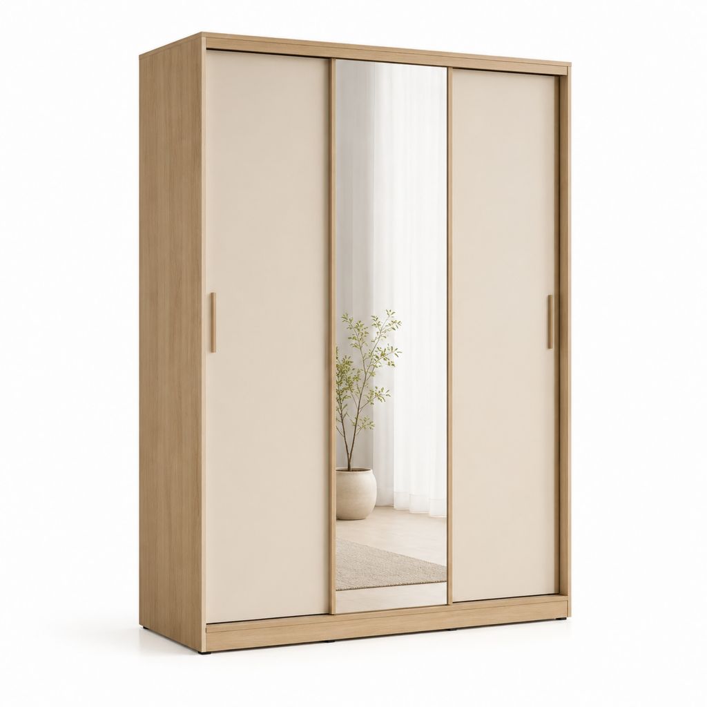 Armadio guardaroba 3 ante scorrevoli con specchio beige rovere in pannello truciolare nobilitato 180 x 60 x 200 cm
