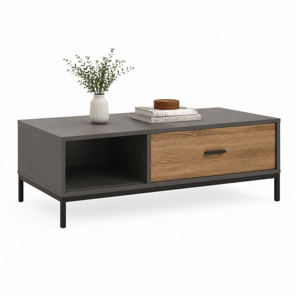 Tavolino da caffè rettangolare grigio antracite e rovere in pannello MDF 100 x 60 x 45 cm con cassetto e vano aperto